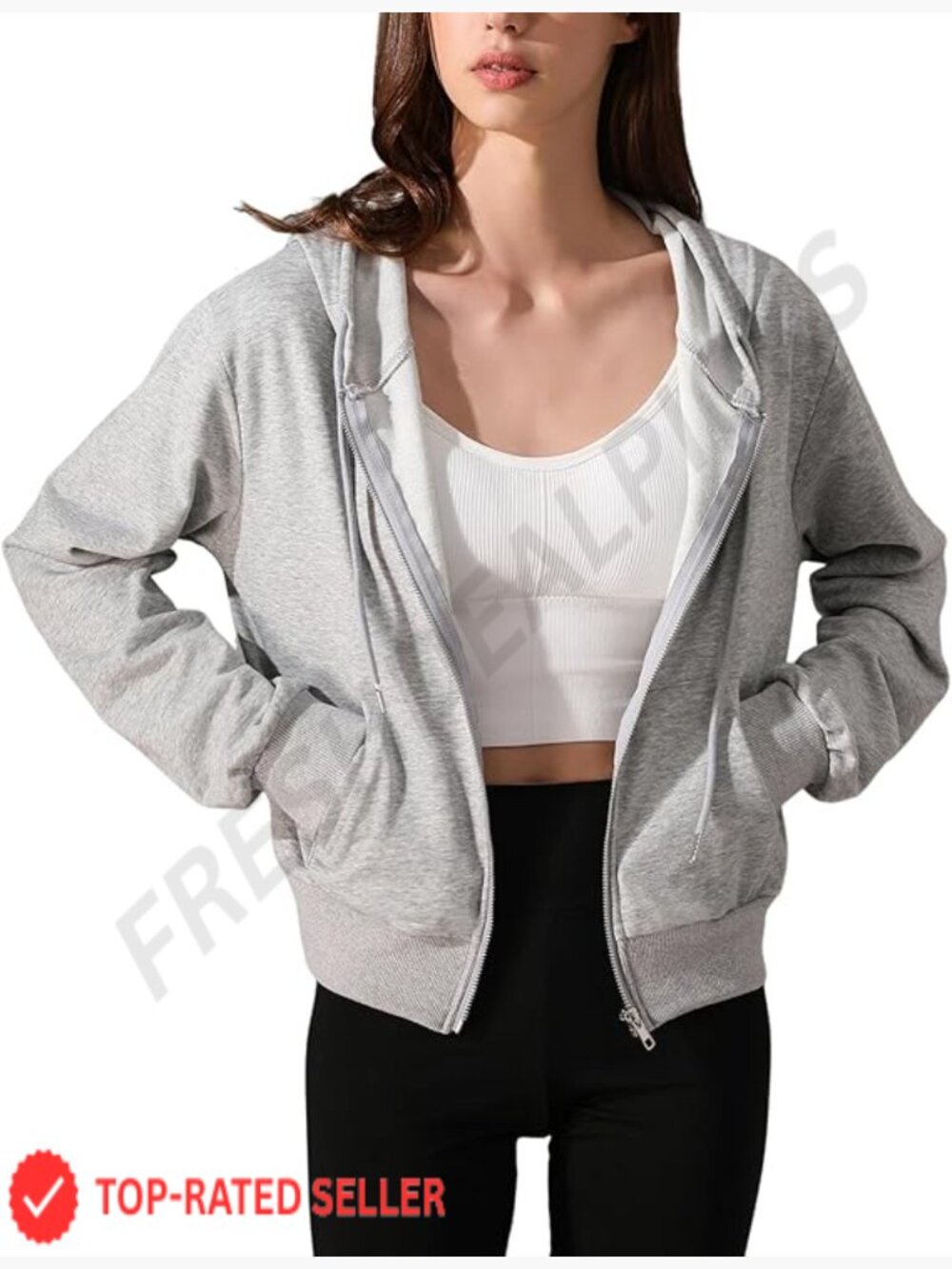 Cropped Zip Up Hoodie Casual Long Sleeve Drawstring Sweatshirt with Pockets